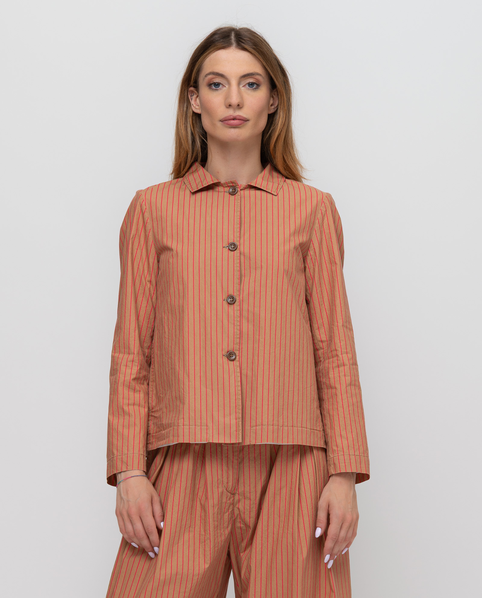 Giacca 4 bottoni svasata pop gessato DD26765 RIGATO Var_TERRA